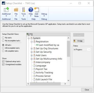 Microsoft Dynamics GP | Tools | Setup | Setup Checklist