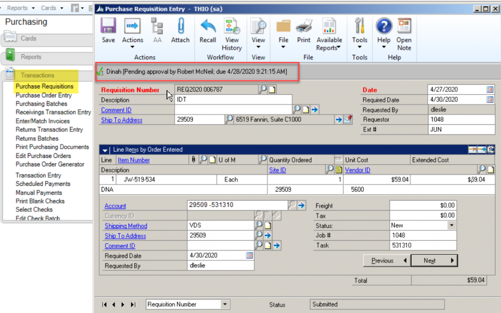 Purchase Requisition Entry Window